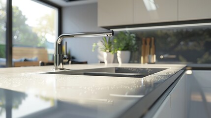 Modern kitchen with a sleek undermount sink, close-up, seamless design with the countertop, perfect for advertising the benefits of easy maintenance and luxury