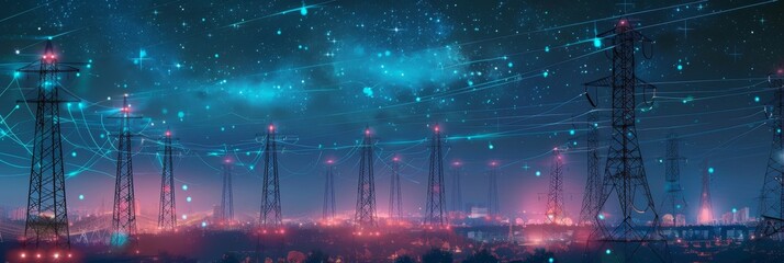 An overarching concept of renewable green energy and ecological environment with 3D digital visualizations of power transmission lines. A scenic, moving timelapse with a night sky full of stars.
