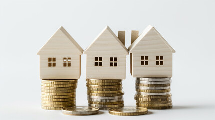 White wooden house models stands on a stacks of coins, solid white background with copy space, finance, mortgage, investment, real estate concept