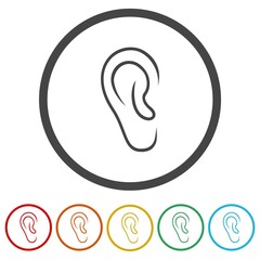 Human ear icon. Set icons in color circle buttons