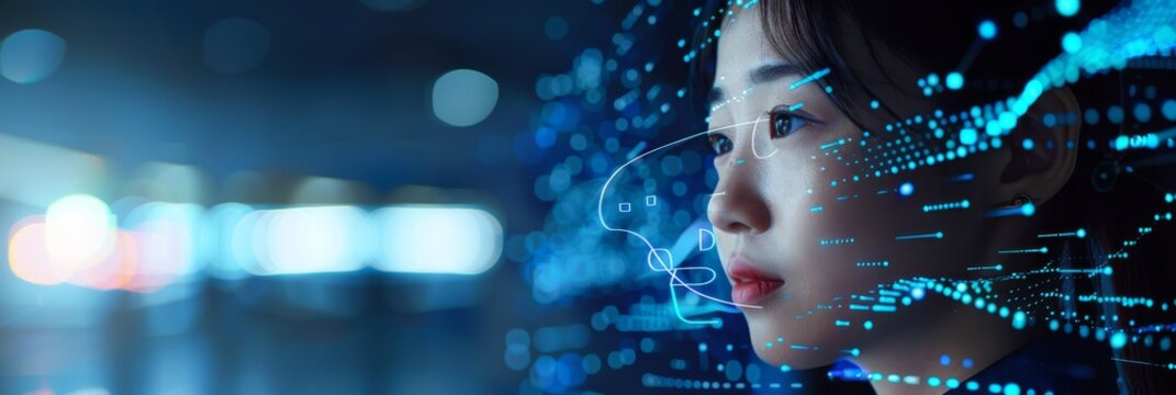 A portrait of an Asian female digital entrepreneur working on a computer, projected lines of code on her face and reflecting back at the camera. She is a software developer working on an innovative