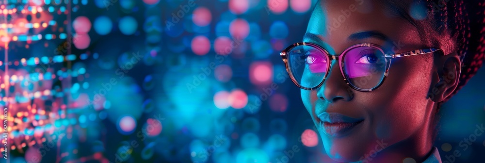 Poster beautiful diverse female wearing glasses using laptop computer, smiling at camera and looking at cam