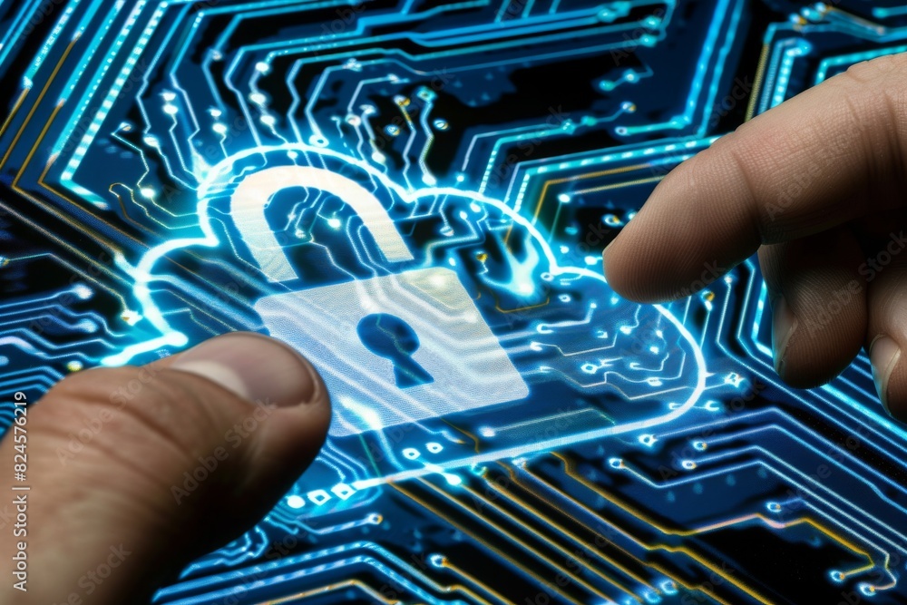 Poster hand interacting with glowing cloud lock on digital screen symbolizes data security measures