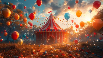Fototapeta premium Colorful balloons floating around a vibrant circus tent at sunset, creating a magical, festive atmosphere filled with joy and wonder.
