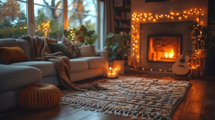 Cozy living room with a lit fireplace, decorated with fairy lights and a comfortable sofa, perfect for a relaxing evening indoors.