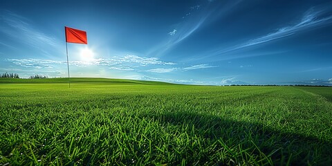 Vibrant green golf course with a red flag under a clear blue sky, perfect for outdoor sports enthusiasts.