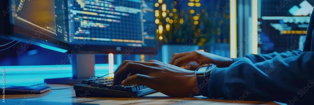 Poster black male hands typing on a desktop computer keyboard in a dark network security office. profession