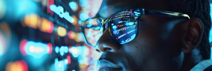 An up close portrait of a black man developing new software, managing cyber security defence projects, with lines of code reflecting on his glasses.