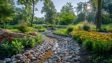 Environmental conservation concept, A public park with native plants, promoting the use of indigenous species in landscaping to support local ecosystems. Realistic Photo,