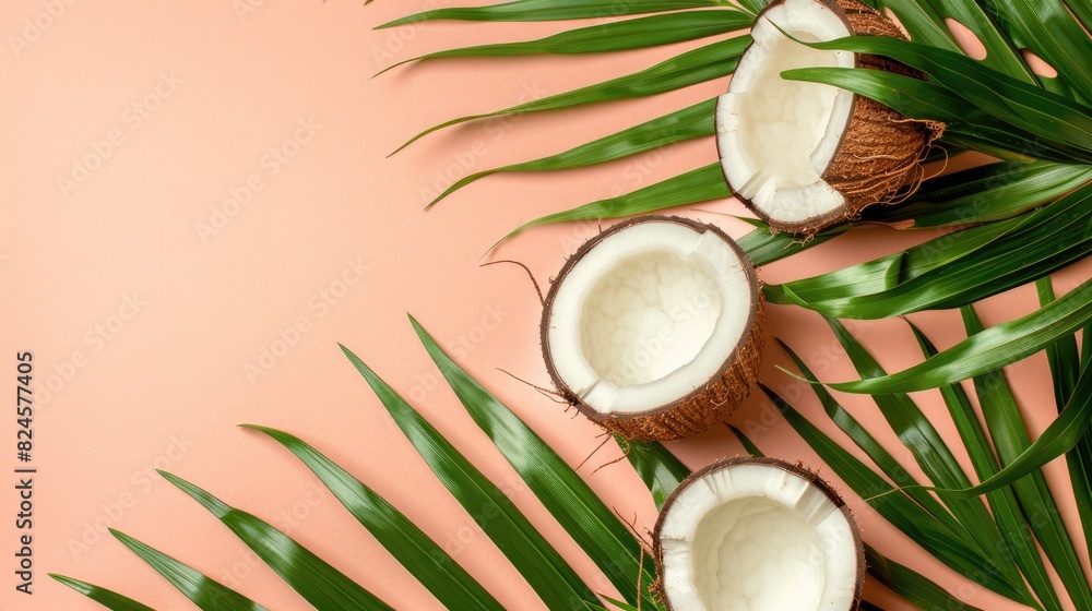 Wall mural Top view of coconut with green leaves on a colored background