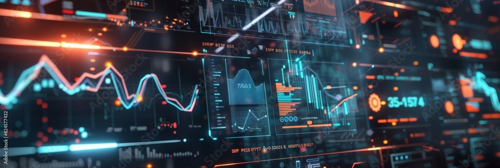 Poster the platform for business analytics and strategy with financial graphs, charts and data on dark back