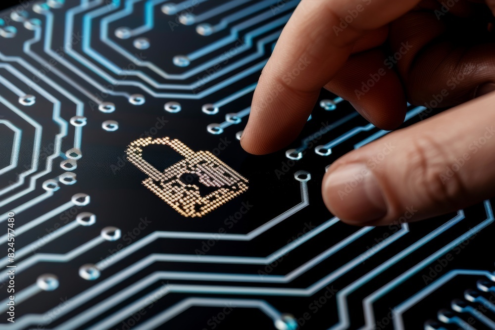 Poster digital lock on circuit board represents advanced data protection and tech security measures