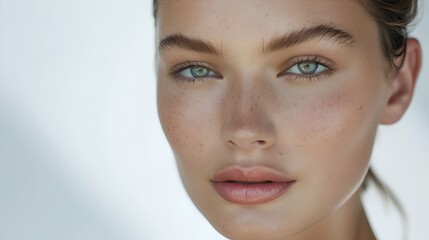 Fototapeta premium Close-up portrait of a woman with a natural look. Focus on clear skin and blue eyes. AI
