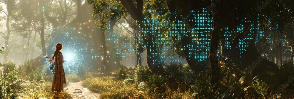 Poster this video game mock-up features a female protagonist on an adventure in a magical forest. 3d render