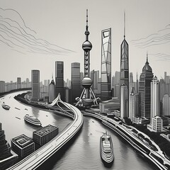 Panoramic view of city skyline, black and white brushstrokes