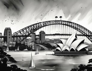 Panoramic view of city skyline, black and white brushstrokes