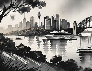 Panoramic view of city skyline, black and white brushstrokes