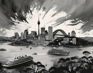 Panoramic view of city skyline, black and white brushstrokes