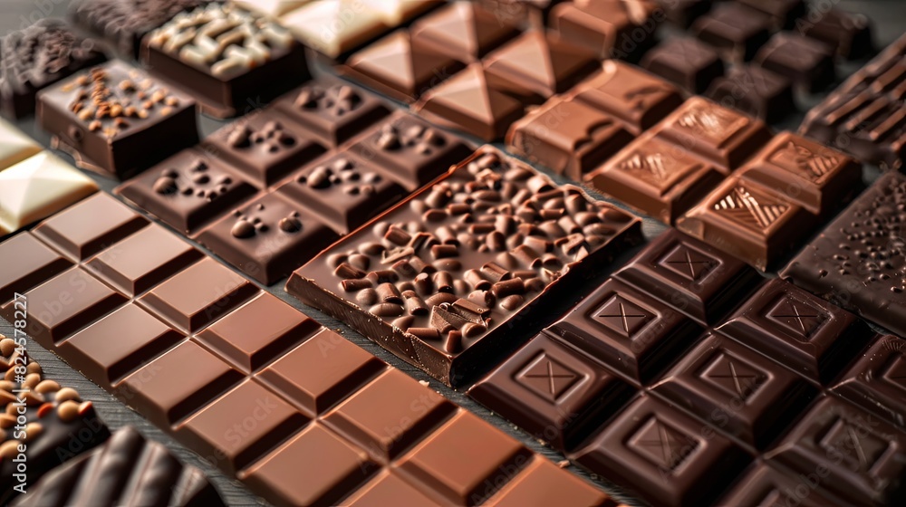 Poster Table covered in various chocolate bars of different flavors and types, neatly arranged with high detail and rich colors. Generative AI