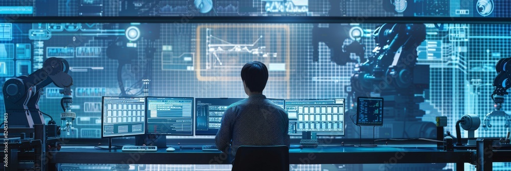Poster managing a futuristic manufacturing factory with autonomous support robots. analyzing technical data