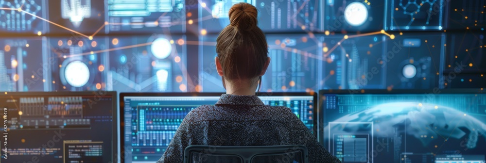 Poster female telecommunications manager working on a desktop computer in modern office. focused software e