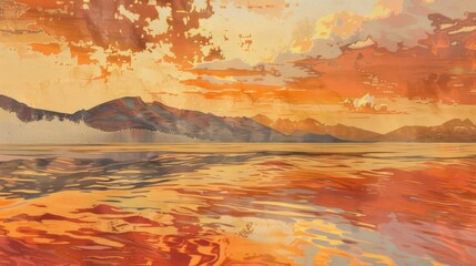 Fototapeta premium Sunset seascape depicting mountains and hills by the sea with an orange hued sky and cloudy clouds Delicate waves and their reflections can be seen on the water