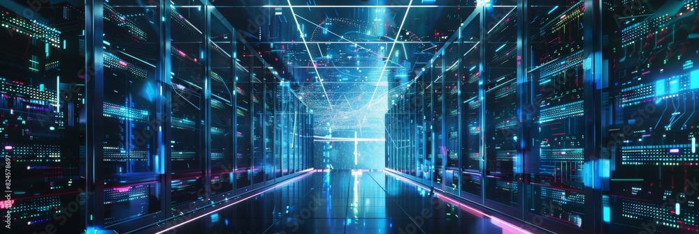 Poster digitalization of internet traffic, data flow, racks of modern data technology center servers in dar