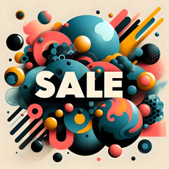 The spectacular abstract composition, put up for sale with the world-famous "sale" in bright colors with spherical shapes and splashes of paint, is ideal for modern promotions.