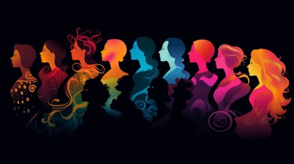 Vibrant Diversity: Group of Female Silhouettes on Colorful Background - Vector Illustration for Website, Banner