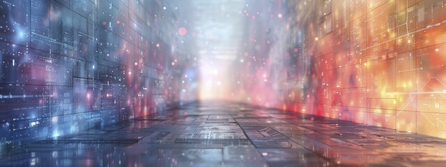 Luminous Tech Passage, Central illuminated pathway with surrounding circuit features for digital ecosystem presentations
