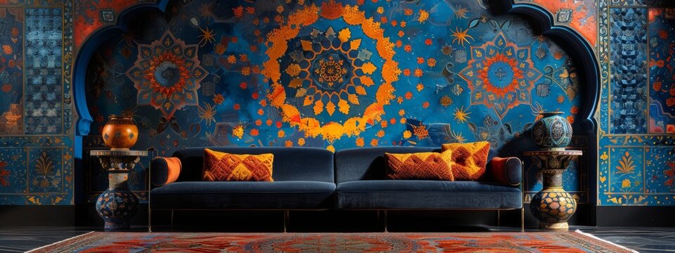 Fototapeta Cultural fusion as traditional arab patterns merge with contemporary design, creating a stunning visual representation of the past and present. blue styl