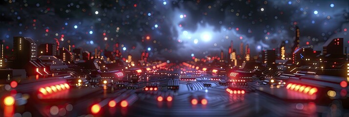 Circuit Board Gateway, Vivid neon portal with motherboard elements, perfect for marketing next-gen tech products.