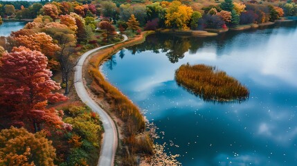 A scenic autumn landscape with a winding path beside a tranquil lake. The image captures vibrant fall colors. Ideal for nature enthusiasts and seasonal promotions. AI