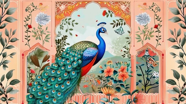 Mughal decorative garden with arch, peacock seamless pattern frame