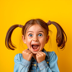 A young girl with pigtails and a big smile on her face