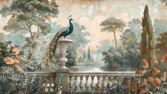 Fototapeta An old Roman mural wallpaper depicting a garden with a forest, peacocks, birds, vases, and botanical plants