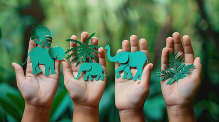 Four hands holding green paper cutouts of elephants and leaves, symbolizing wildlife conservation and the importance of protecting natural habitats.
