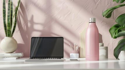 In an aesthetic workspace, pink thermal bottle with minimal product