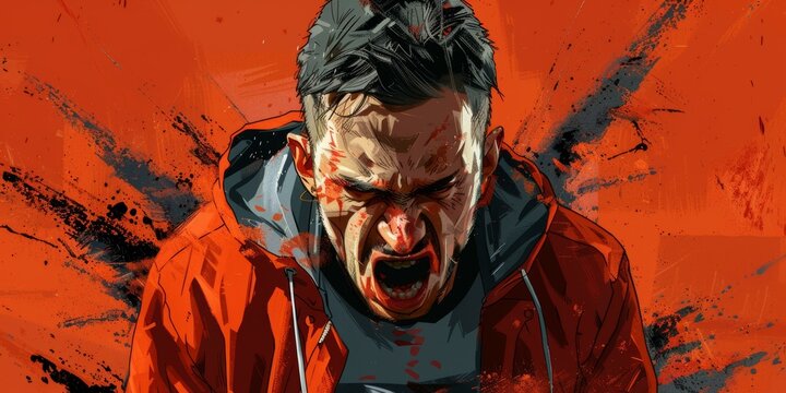 Portrait of a man screaming with blood on his face