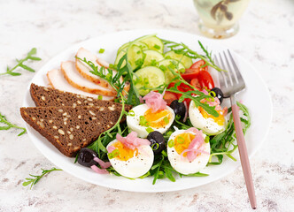 Healthy breakfast. Boiled egg, chicken ham, bread and fresh salad. Keto breakfast.
