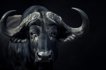 Majestic African buffalo close up portrait isolated on dark black background with dramatic...