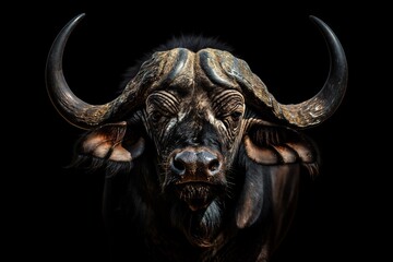 Naklejka premium Majestic African buffalo close up portrait isolated on dark black background with dramatic lighting. Horizontal. Space for copy. 