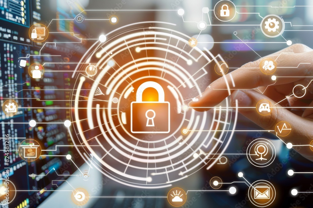 Poster hand interacting with futuristic lock interface emphasizes modern data security measures