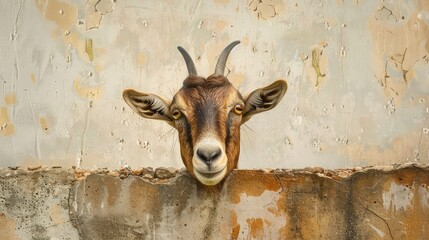 A humorous portrait of a brown goat looking over a wall