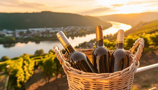 Weidenkorb mit Weinflaschen in einem Weinberg oberhalb vom Rheintal am Mittelrhein im Sonnenuntergang in einer herrlichen Landschaft.