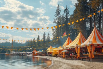 Colorful carnival tents along a lakeside beach with flags strung overhead, surrounded by pine trees under a partly cloudy sky.