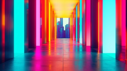Colorful futuristic corridor with neon lights, leading to a cityscape view. Vibrant and modern abstract architectural design.