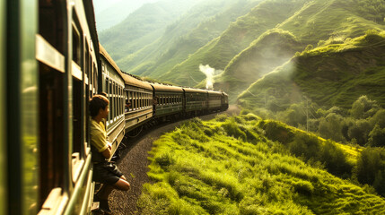 Fototapeta premium Travelers peering out from train
