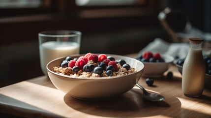 there is a bowl of cereal and berries on a table