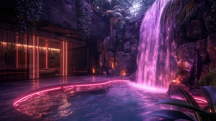Enchanting indoor pool with luminous pink waterfall surrounded by lush greenery and ambient lighting at night.
